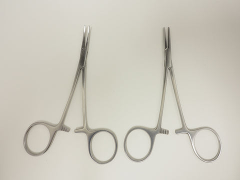 Side by side view of Halstead Mosquito Forceps with curved and straight tips.