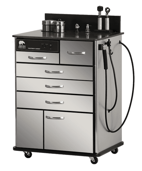 The MTI TC100A is a sit-down mobile ENT treatment cabinet. This ENT cart features European construction, styling, and curves and some “plug-n-play“ components in stainless steele